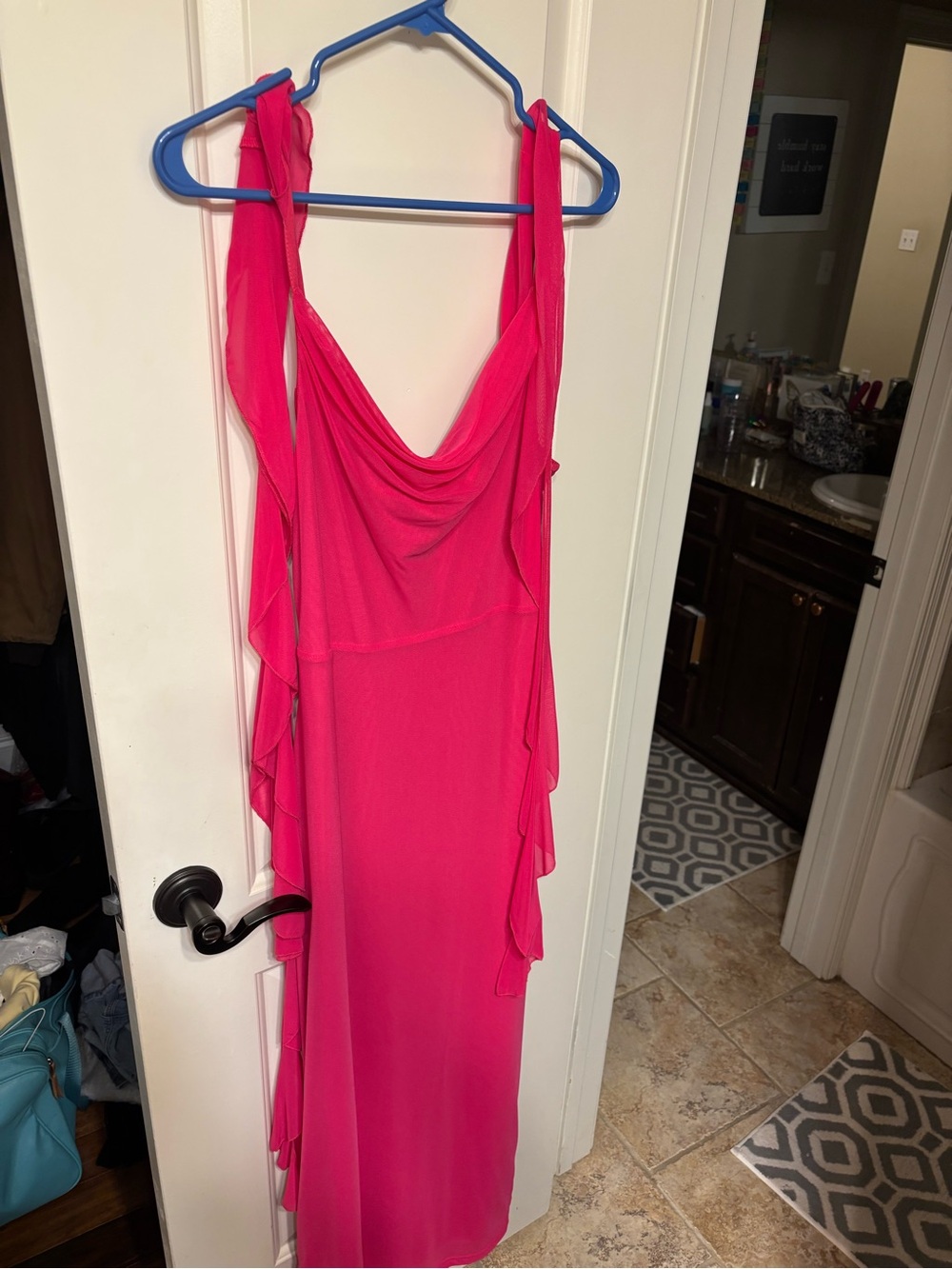 Sleeveless Hot Pink Ruffle-Trim Maxi Dress